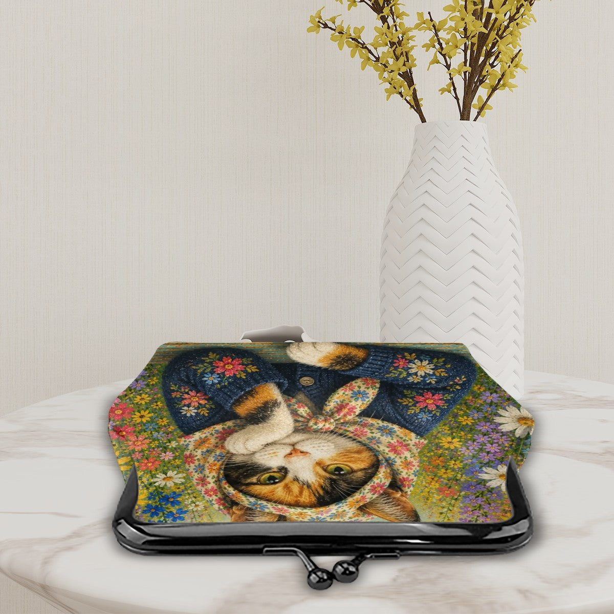 Babushka Cat Calico Gardens Kiss Lock Coin Purse