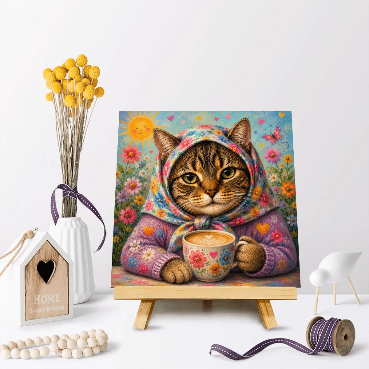 Babushka Cat Happy Coffee Time Mini Easel Art