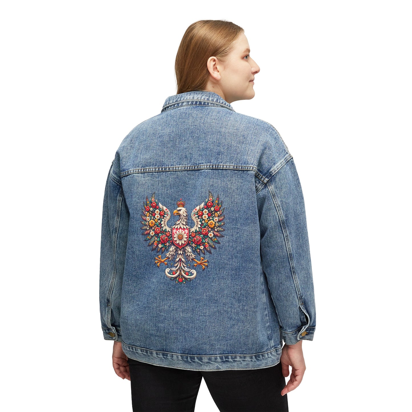 Polish Folk Art Eagle Women's Denim Jacket Wycinanki Pattern