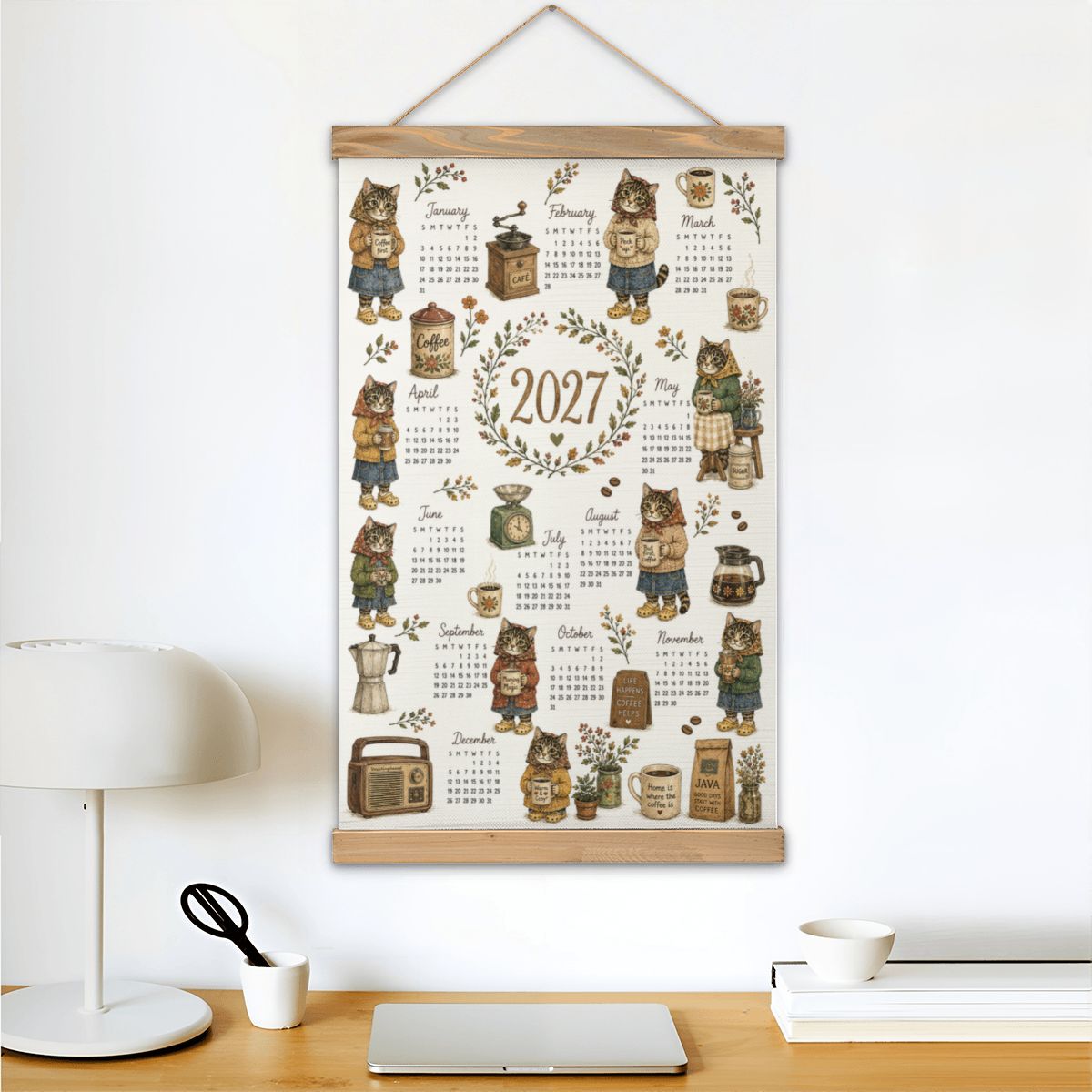 Babushka Cat 2027 Calendar -Coffee Lover Coated Linen Canvas Wall Hanging