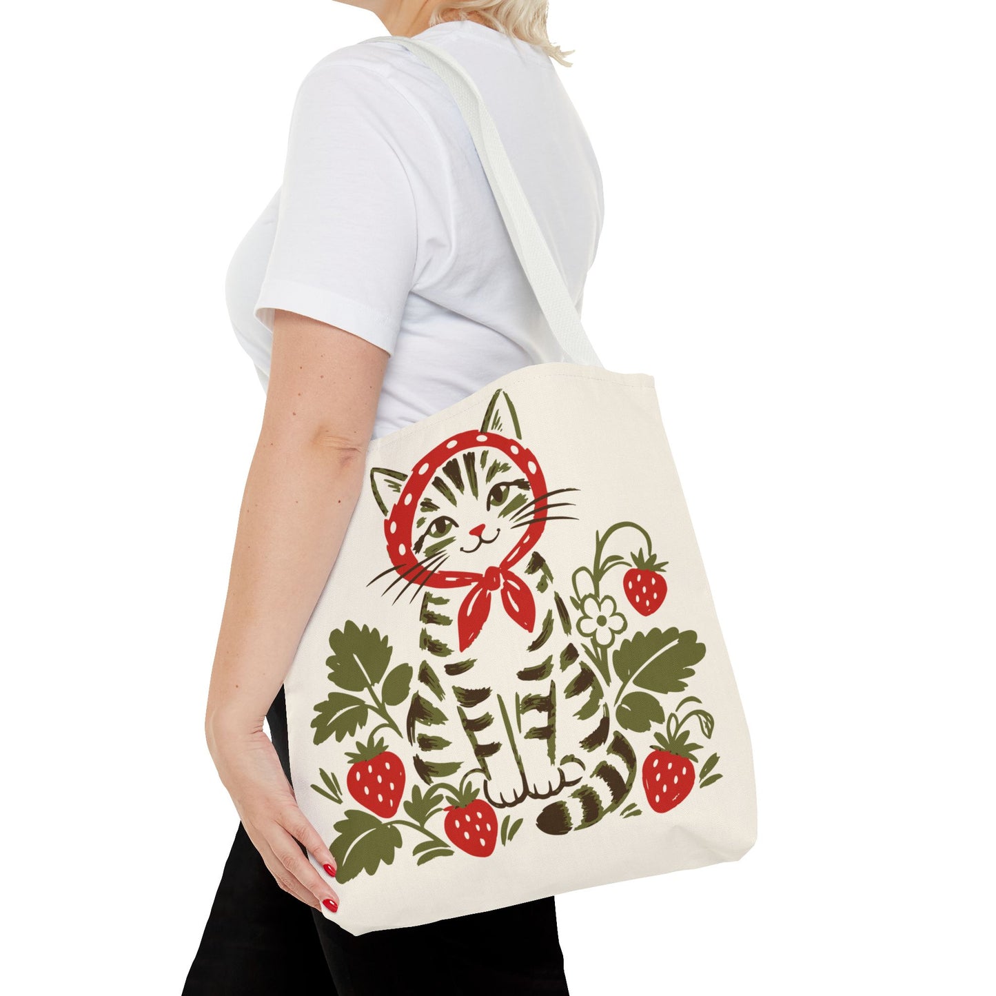 Babushka Cat Strawberry Patch Tabby Cat Tote Bag (AOP)