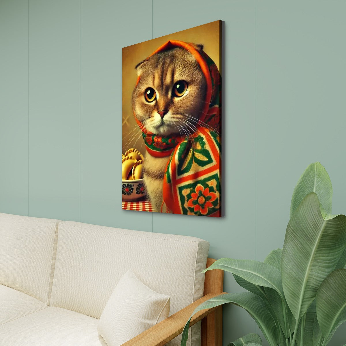 Orange Tabby Cat Brings Pierogi Kitschy Cat Art Canvas Print Wall Art