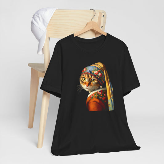 Babushka Cat With a Pearl Earring, Cat Art Parody Unisex Jersey Short Sleeve Tee for Cat Lovers