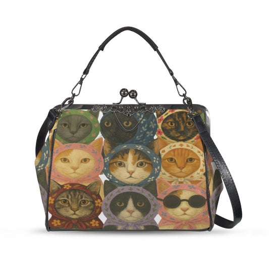 Kitschy Babsushka Cat Vintage Style Kisslock Crossbody Shoulder Bag