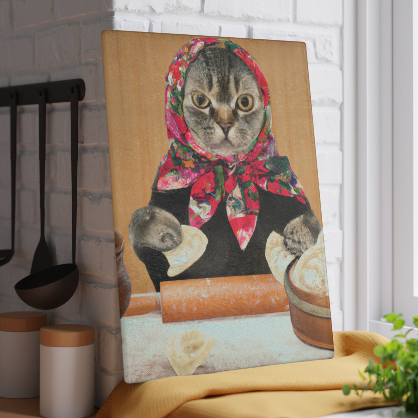 Babushka Pierogi Cat Glass Glass Cutting Board; Two Sizes Available