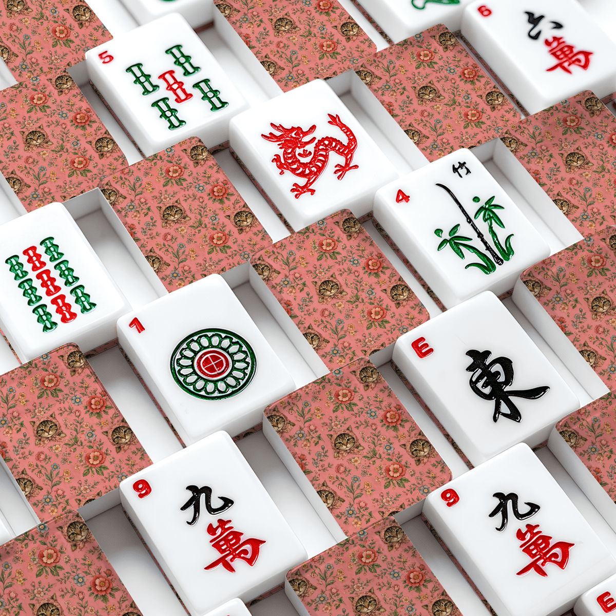 Babushka Tabby Cat Pretty in Pink American Mahjong Tiles