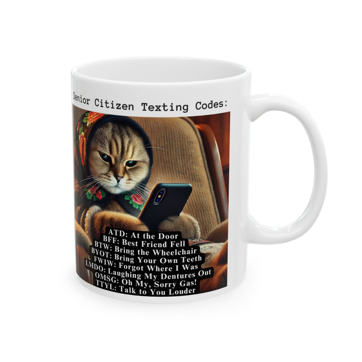 Babushka Cat Senior Citizen Texting Codes, Funny Kitschy Ceramic Mug