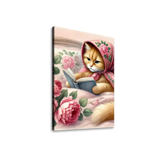Babushka Cat Reads Kitschy Canvas Print Wall Art