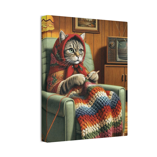 Babushka Cat Crochet's in 70's TV Room,  Kitschy Cat Wall Art,  Canvas Wall Art, Nostalgic 70's Art