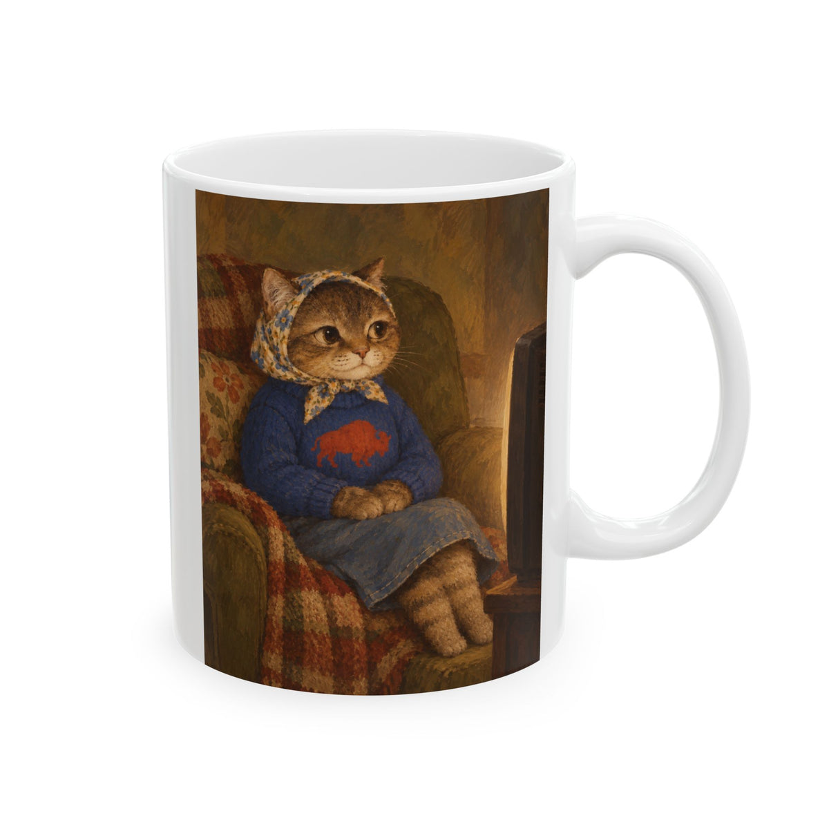 Nostalgic Buffalo Tabby Babushka Cat Ceramic Mug (2 sizes)