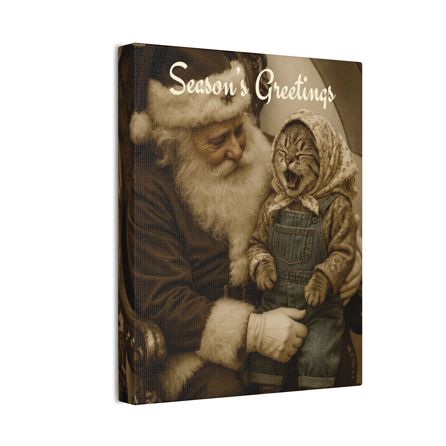 Babushka Cat on Santa's Lap Nostalgic Kitschy Cat Art Canvas