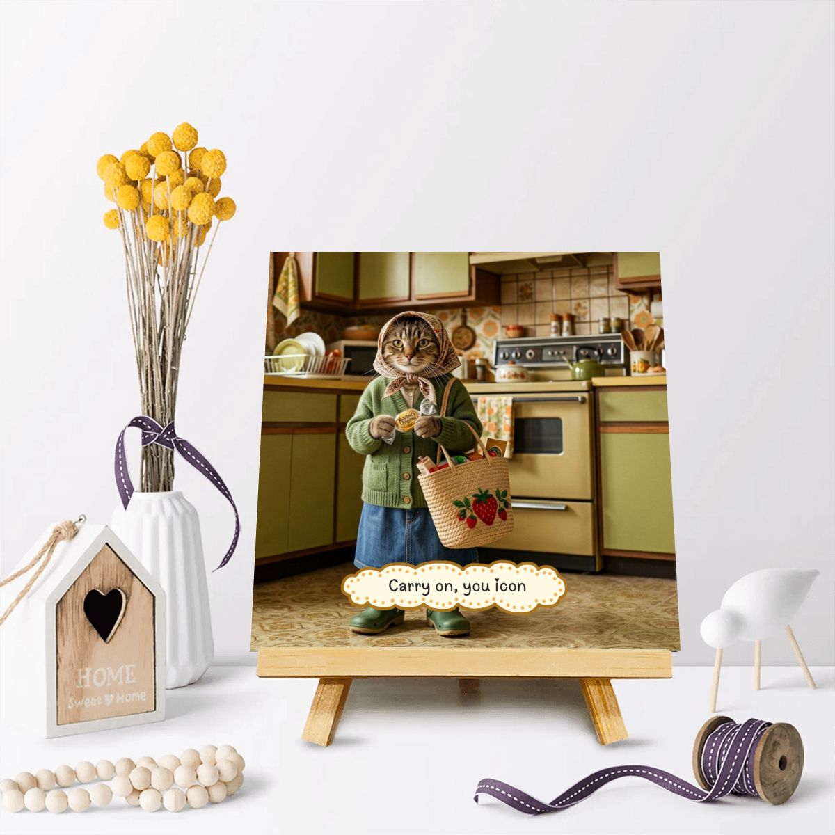Babushka Cat Mini Tripod Inspirational Sign "Carry on, you icon"