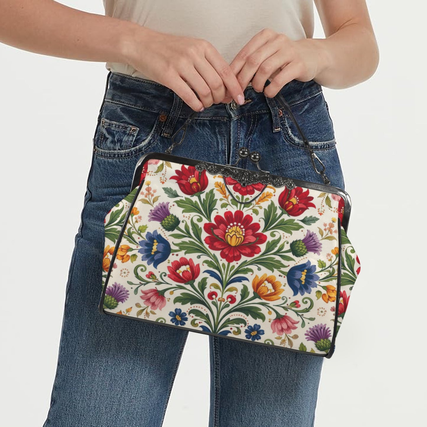 Wycinanki Folk Art Kisslock Vintage Style Crossbody Shoulder Bag
