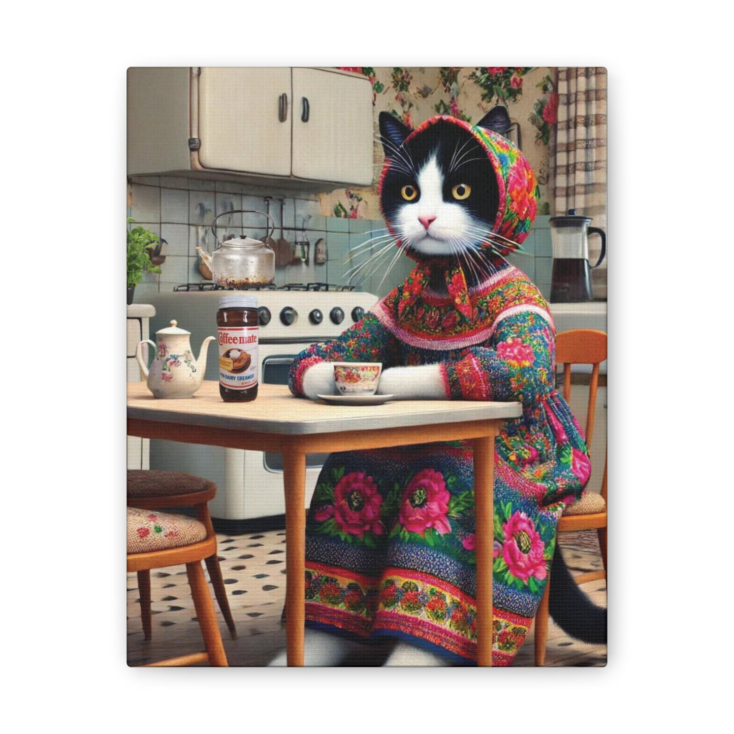 Babushka Cat, Tuxedo Cat Art, Kitty Drinking Her Morning Tea,  Kitschy Cat Kitchen Wall Art,  Canvas Wall Art, Nostalgic Art