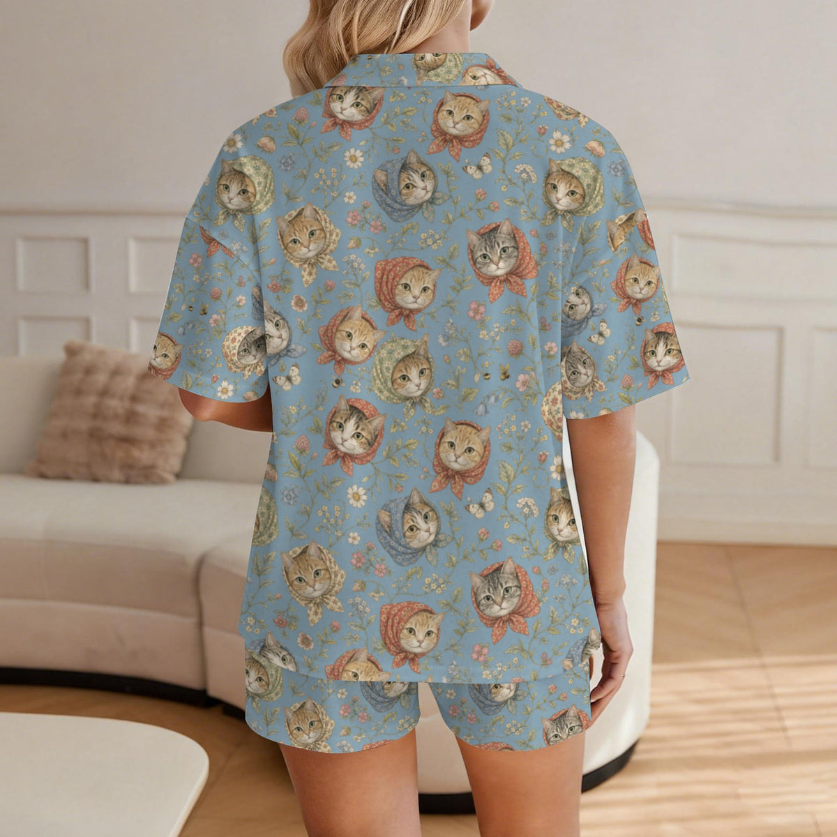 Babushka Cat Heads French Toile Women's V-Neck Short Pajama Set