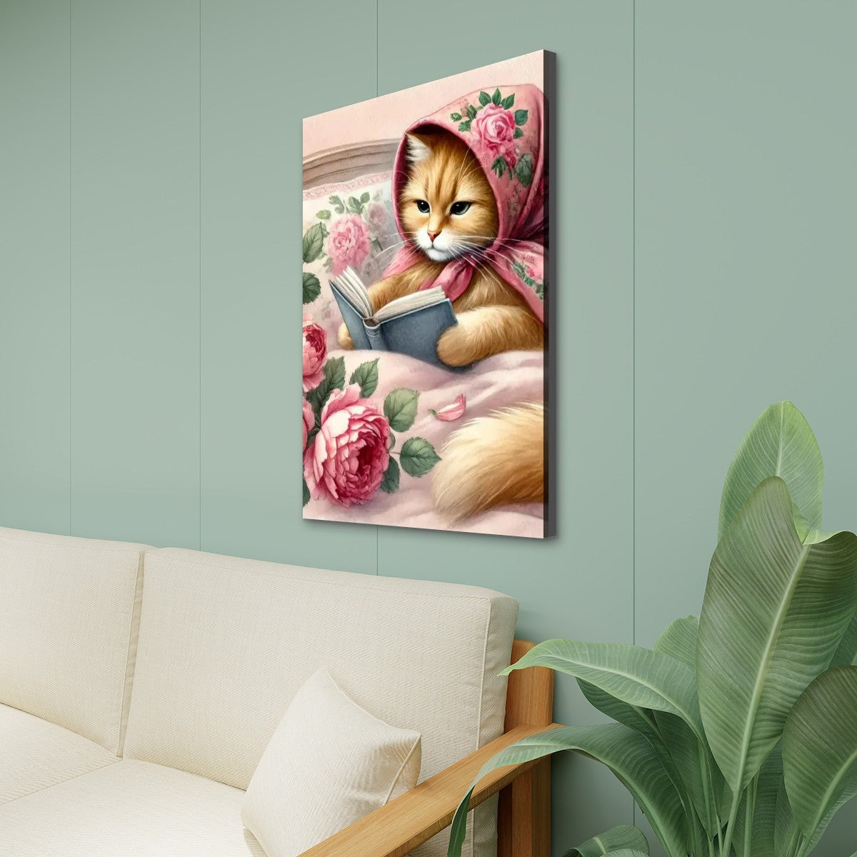 Babushka Cat Reads Kitschy Canvas Print Wall Art