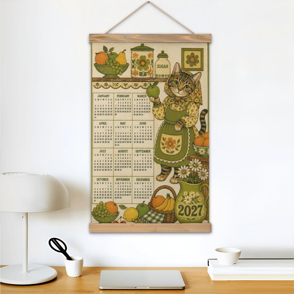 Babushka Cat 2027 Retro Themed Coated Linen Canvas Hanging Wall Calendar