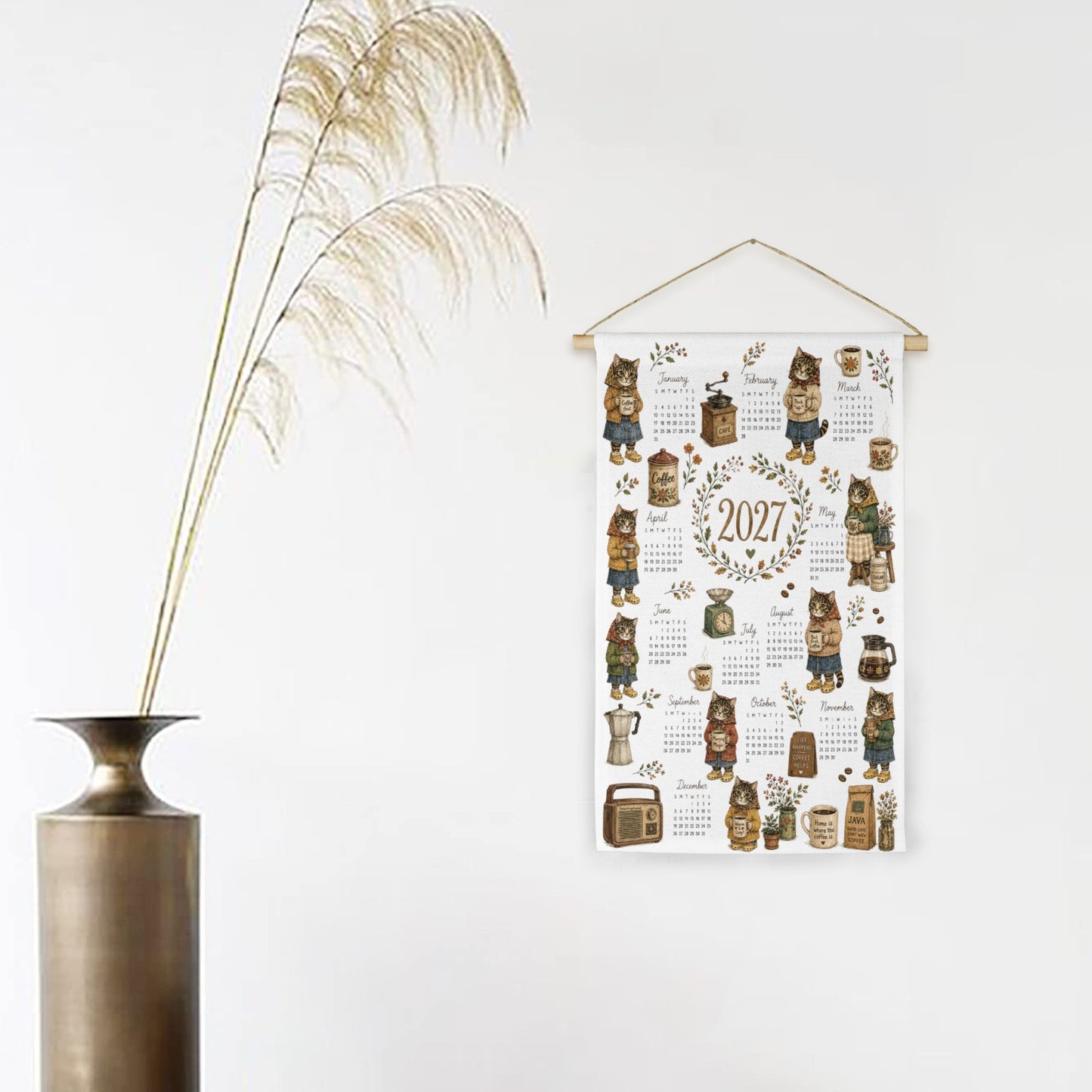 Babushka Cat Coffee Time 2027 Hanging Calendar