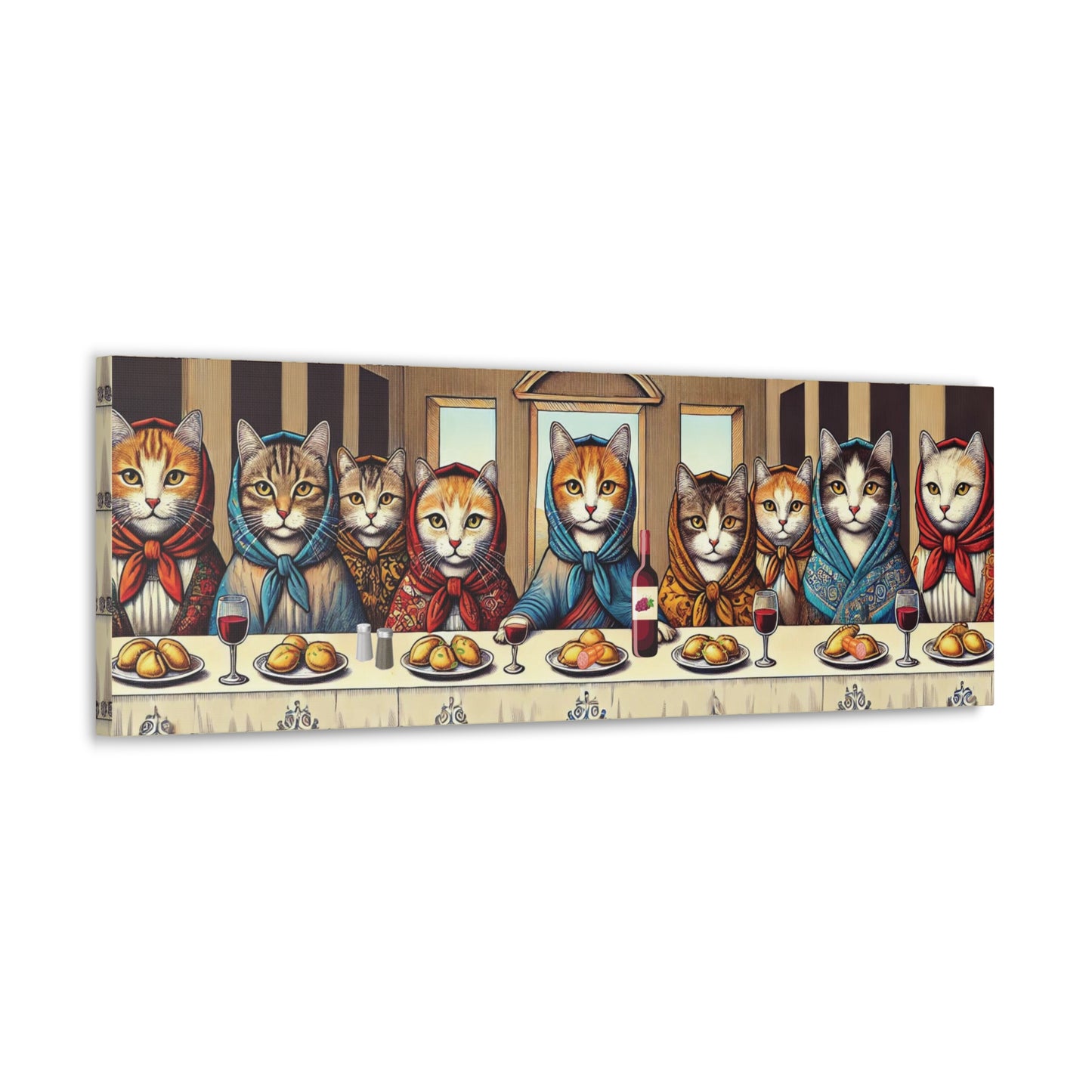 Babushka Cat, Last Pierogi Supper, Kitschy and Humorous Canvas Gallery Wraps for Polish Art Lover