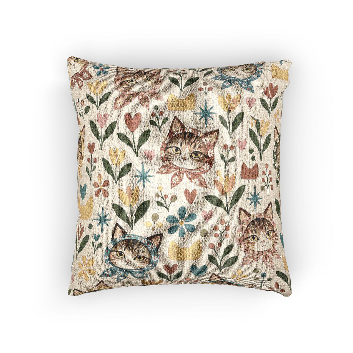 Babushka Cat Heads and Flowers Woven Pillow