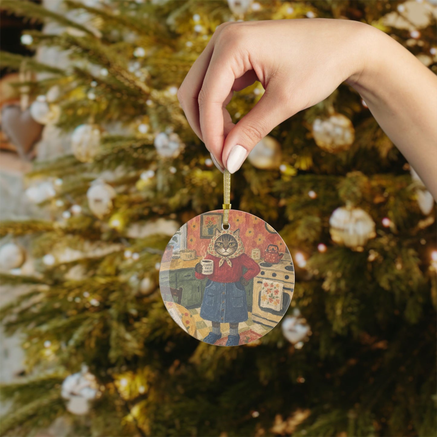 Babushka Cat Kitchen Scene Glass Ornament