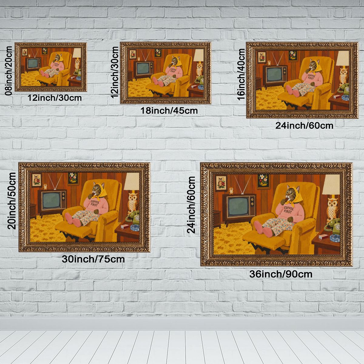 Babushka Cat Coffee First Acrylic Style Vintage Gold Framed Canvas Prints Wall Art