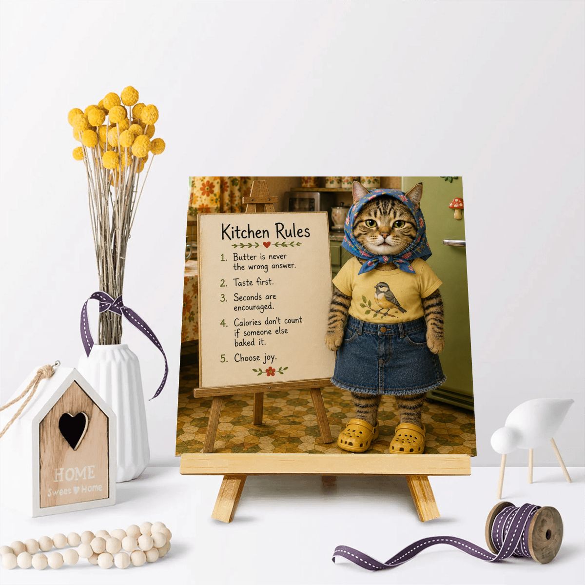 Babushka Cat Kitchen Rules Mini Easel Art
