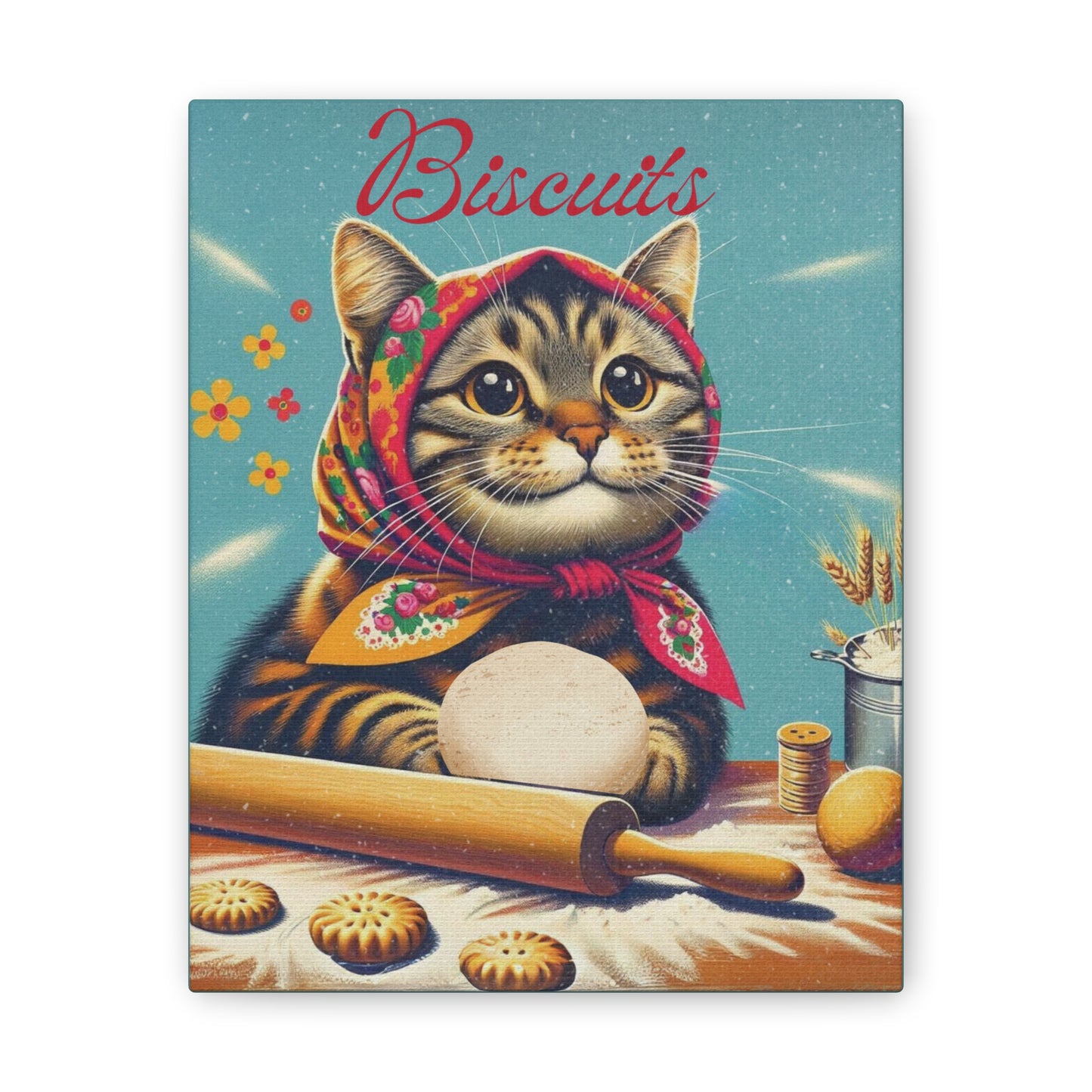 Babushka Cat Vintage Ad, Kitty Biscuits Canvas Wall Art