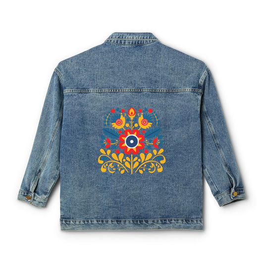 Polish Folk Art Women's Denim Jacket Wycinanki Pattern