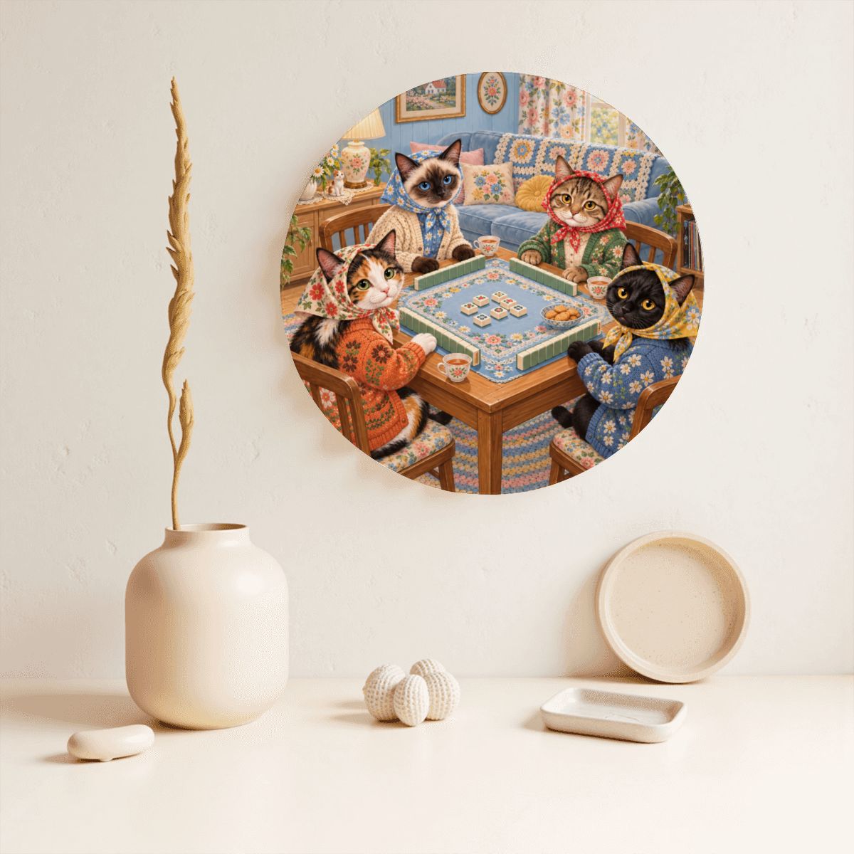 Babushka Cats Playing Mahjong Decorative Plate
