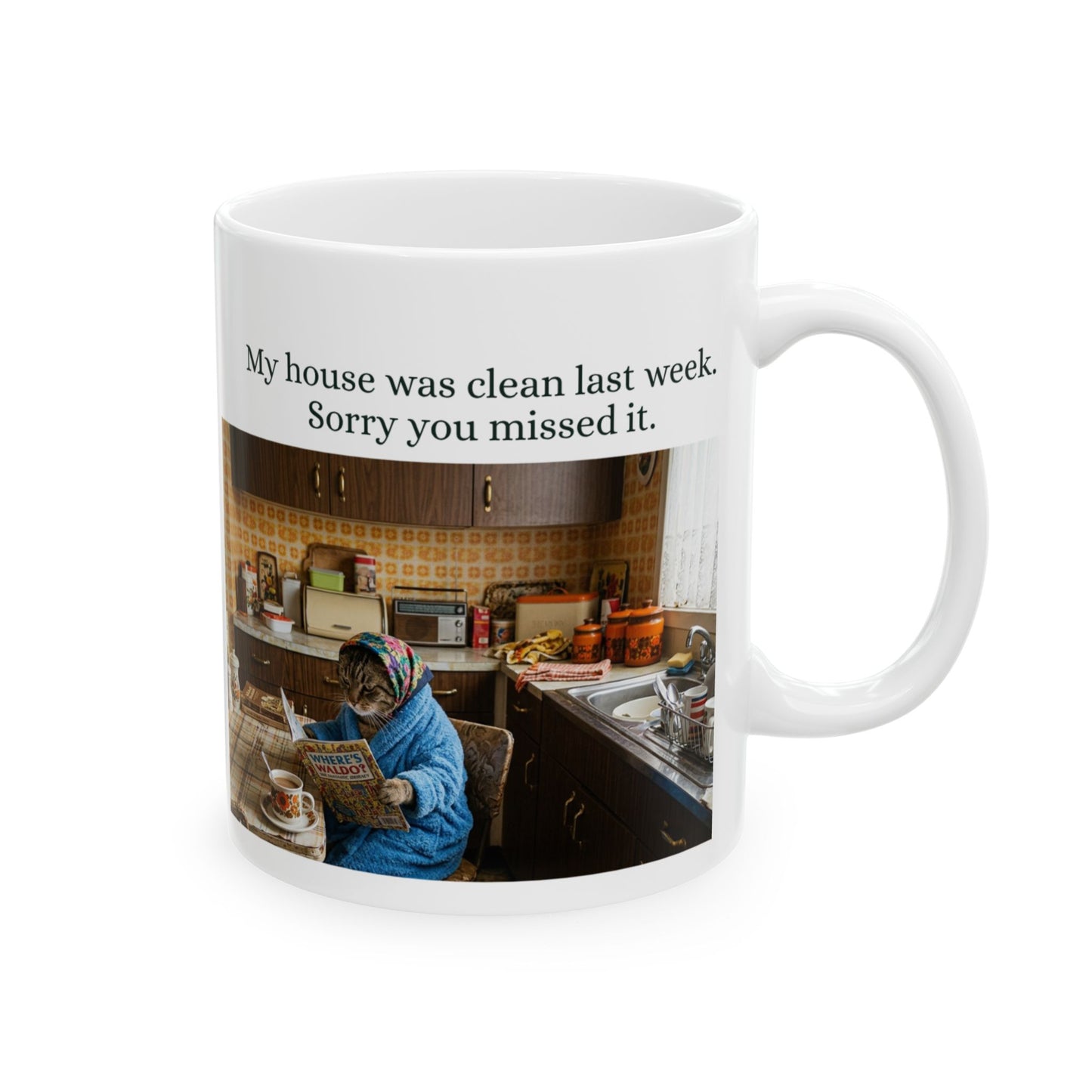 Babushka Cat Clean House Humor Ceramic Mug