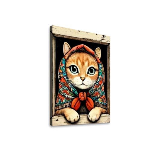 Babushka Cat Window Scene, Kitschy Canvas Print Wall Art