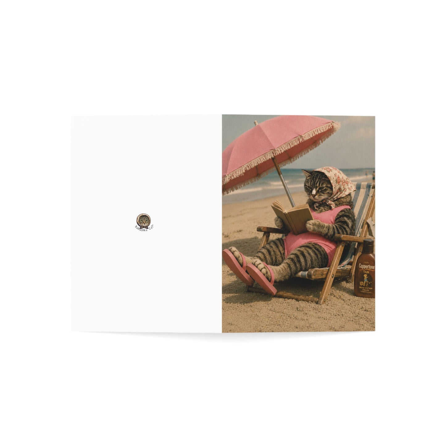 Babushka Cat Beach Time Greeting Cards Set of 10-Blank Inside