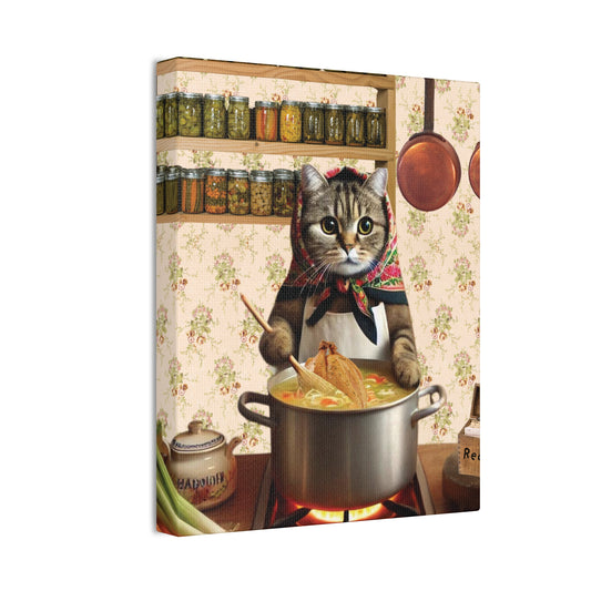 Babushka Cat Makes Rosol Soup,  Kitschy Cat Kitchen Wall Art,  Canvas Wall Art, Nostalgic Polish Art