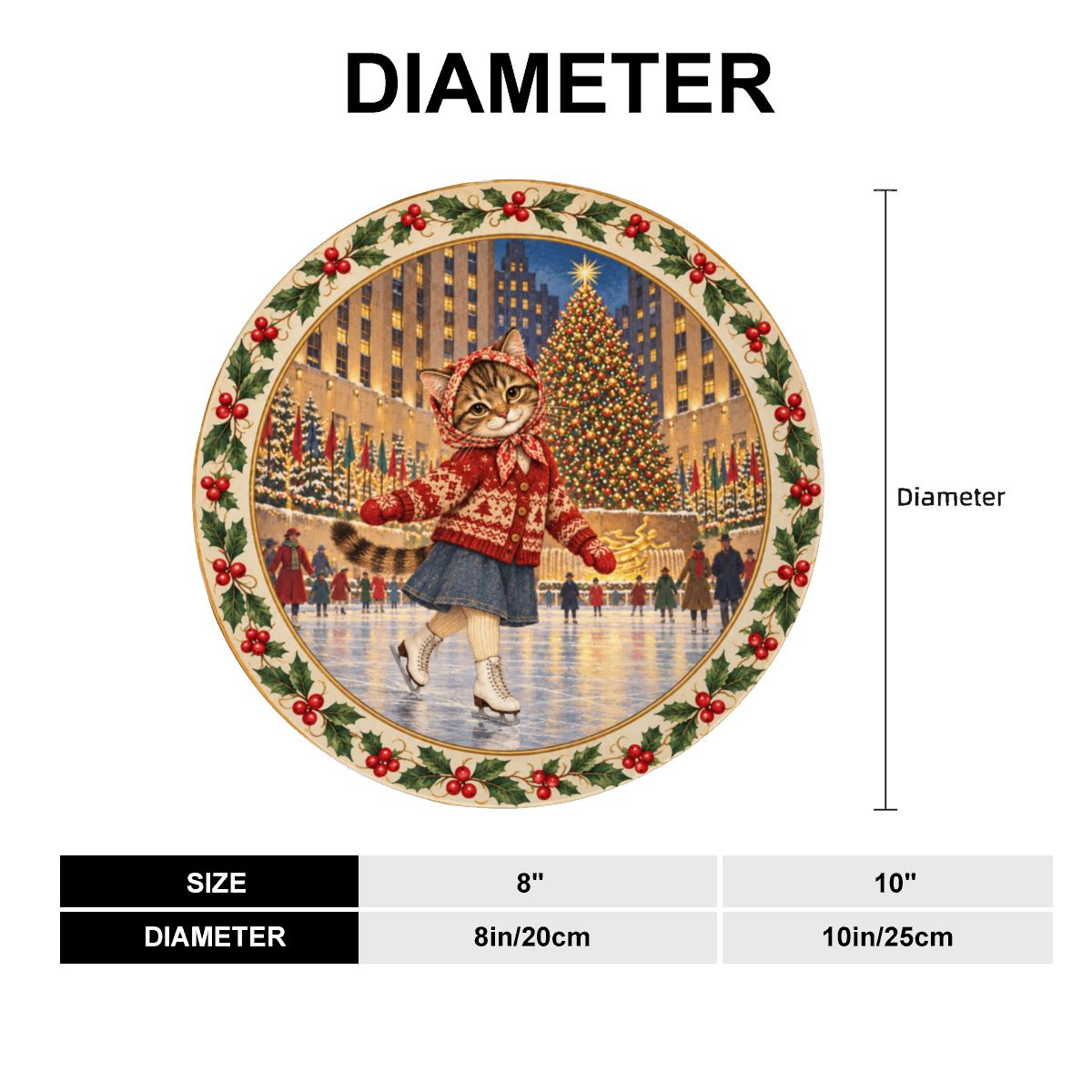 Babushka Cat Ice Skating in NYC Decorative Christmas Plate