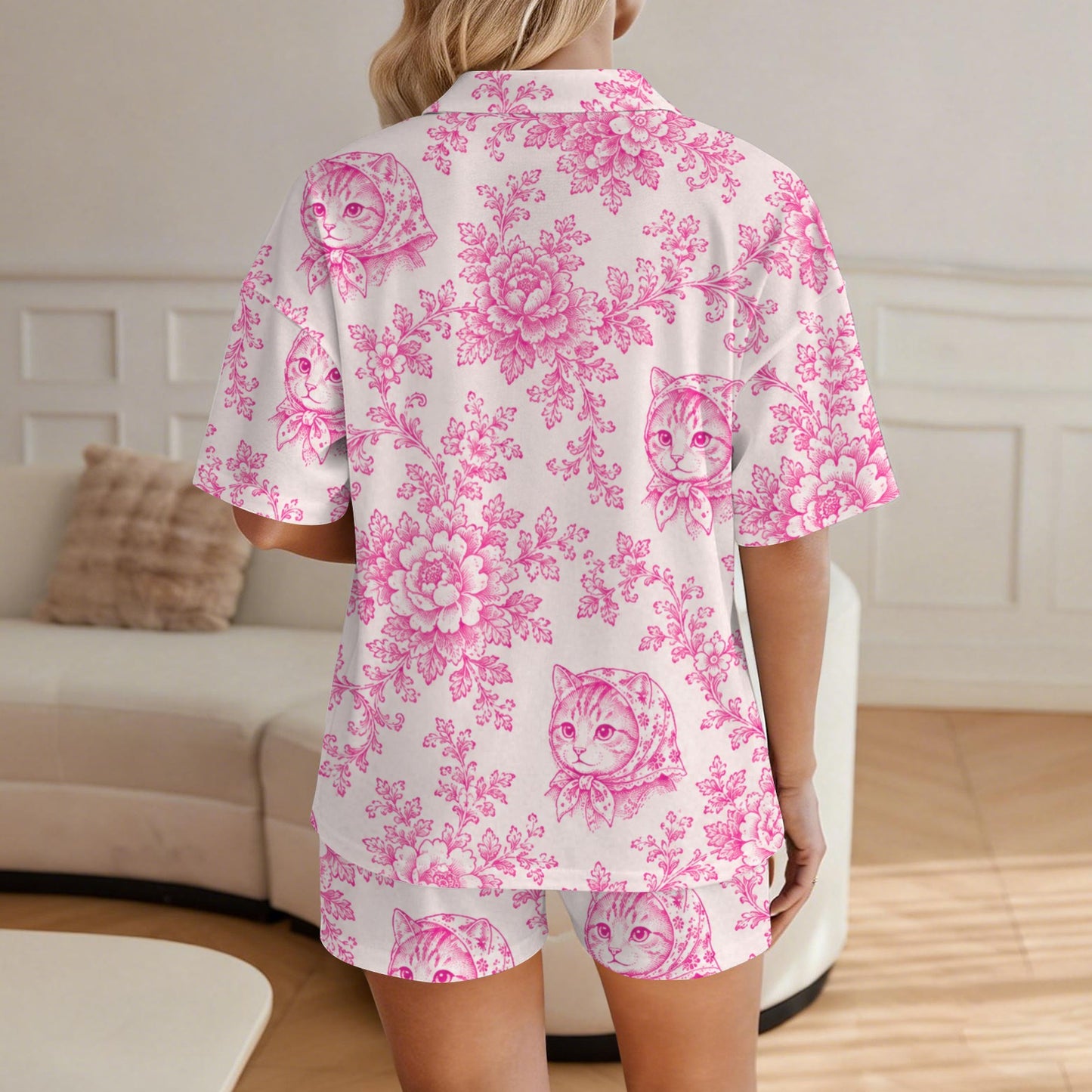 Babushka Cat Purrrdy in Pink Two Piece Pajamas Set