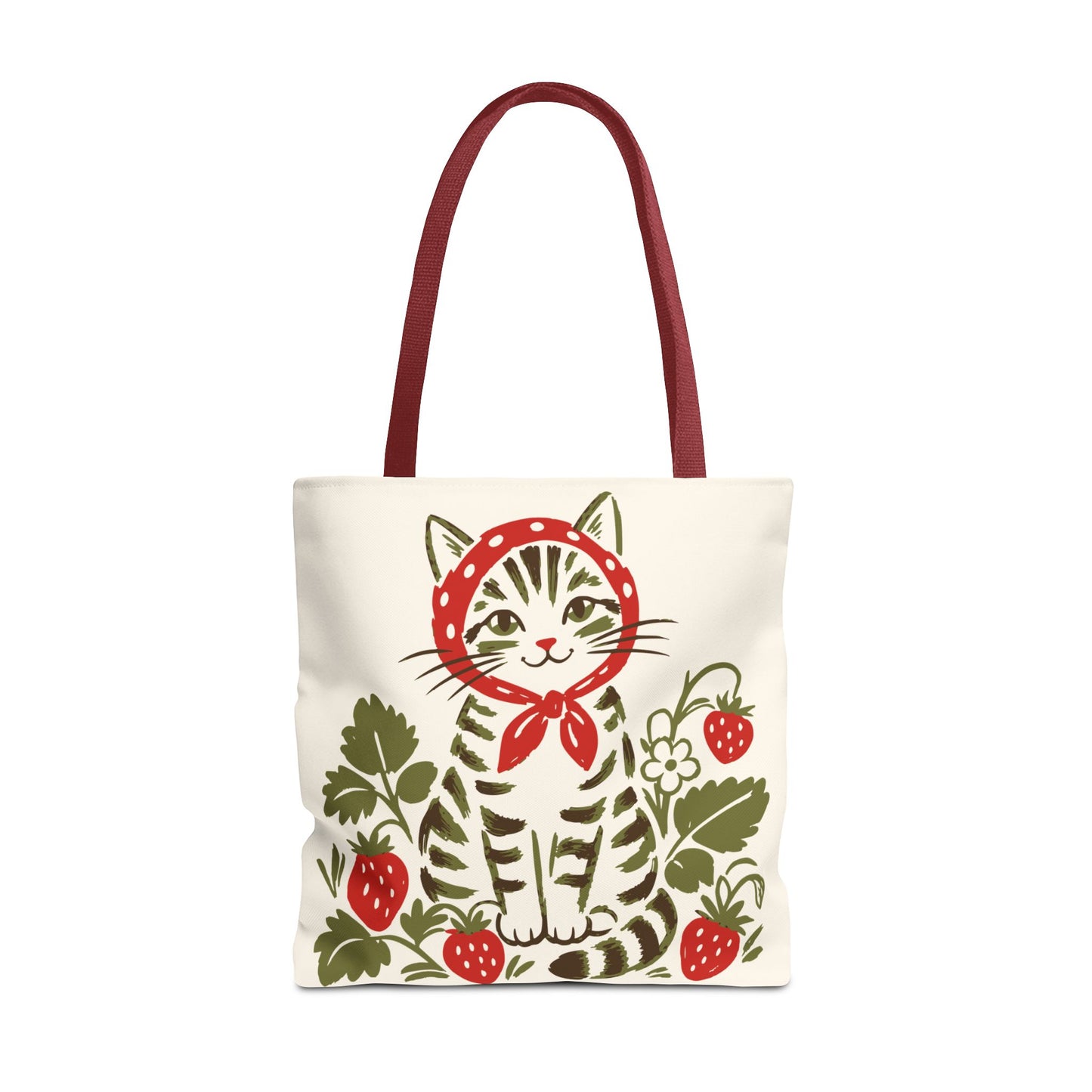 Babushka Cat Strawberry Patch Tabby Cat Tote Bag (AOP)