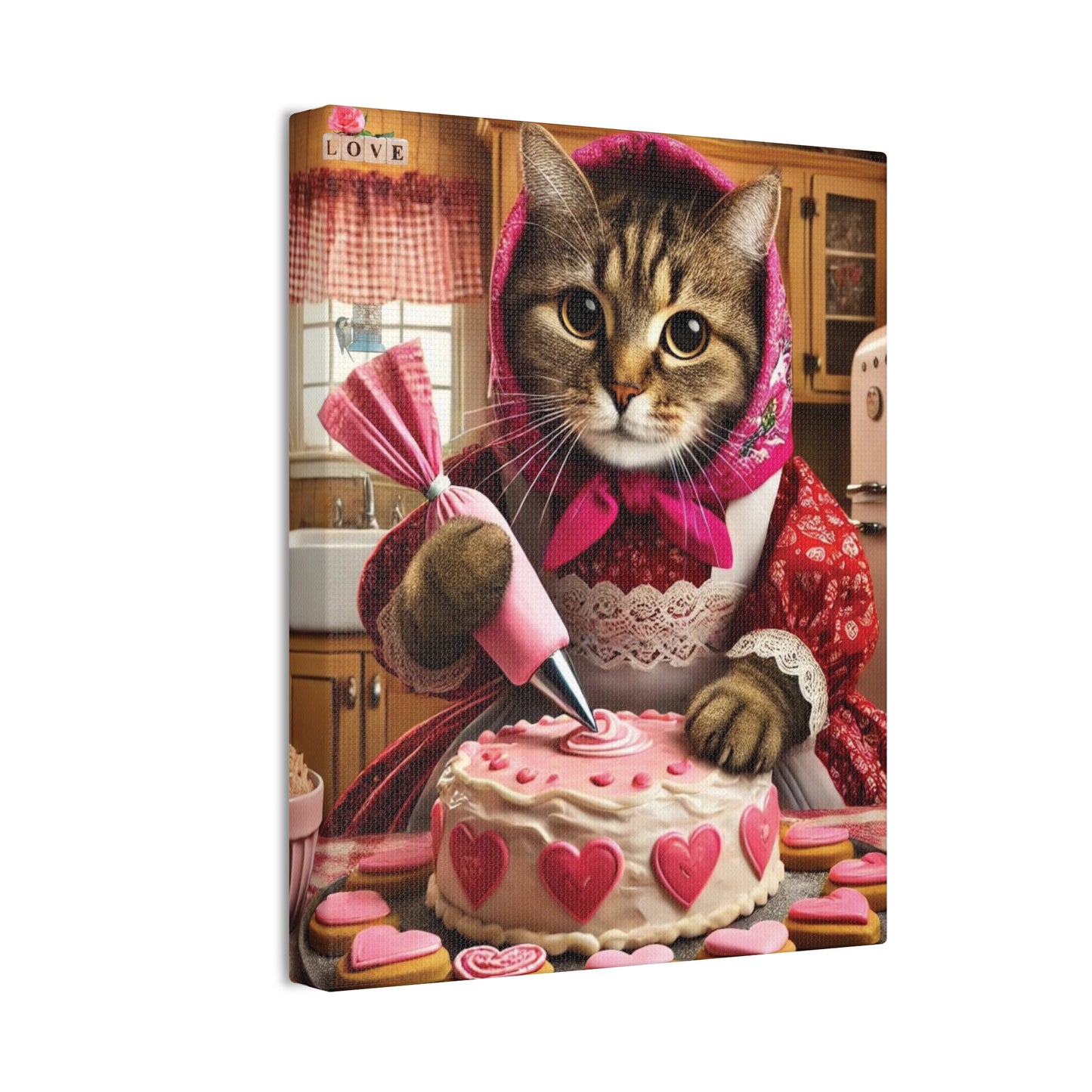 Babushka Cat Valentine Sweets Charming, Kitschy Wall Art, Canvas