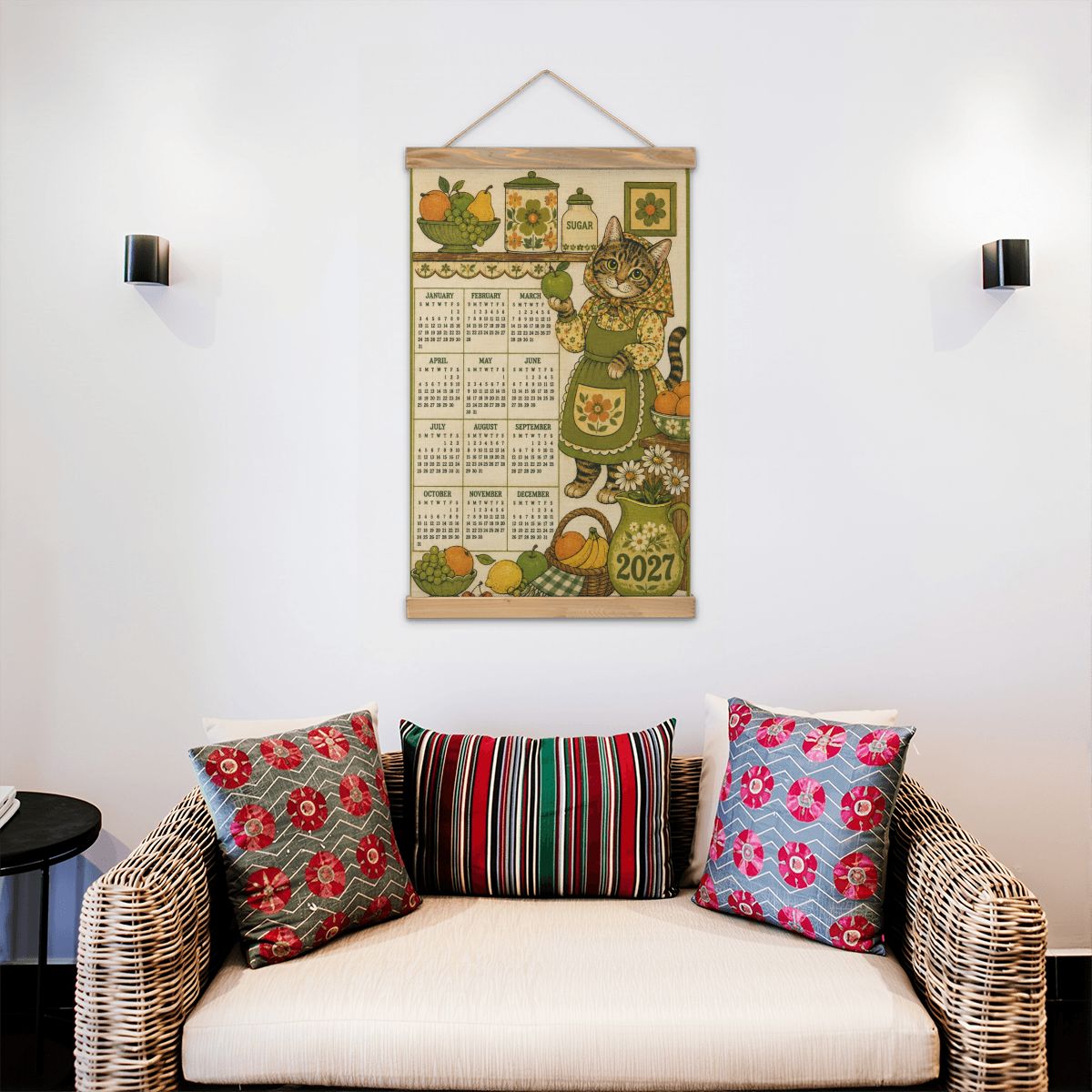 Babushka Cat 2027 Retro Themed Coated Linen Canvas Hanging Wall Calendar