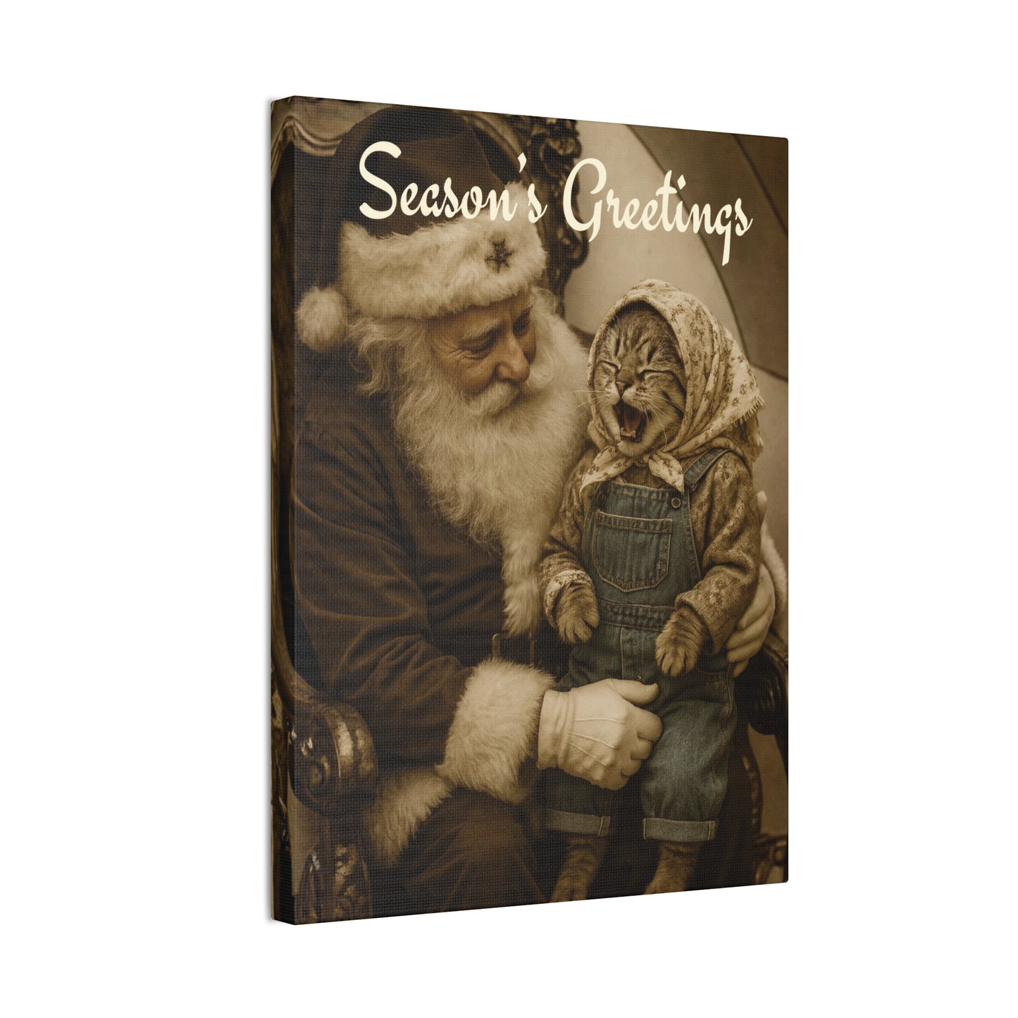 Babushka Cat on Santa's Lap Nostalgic Kitschy Cat Art Canvas