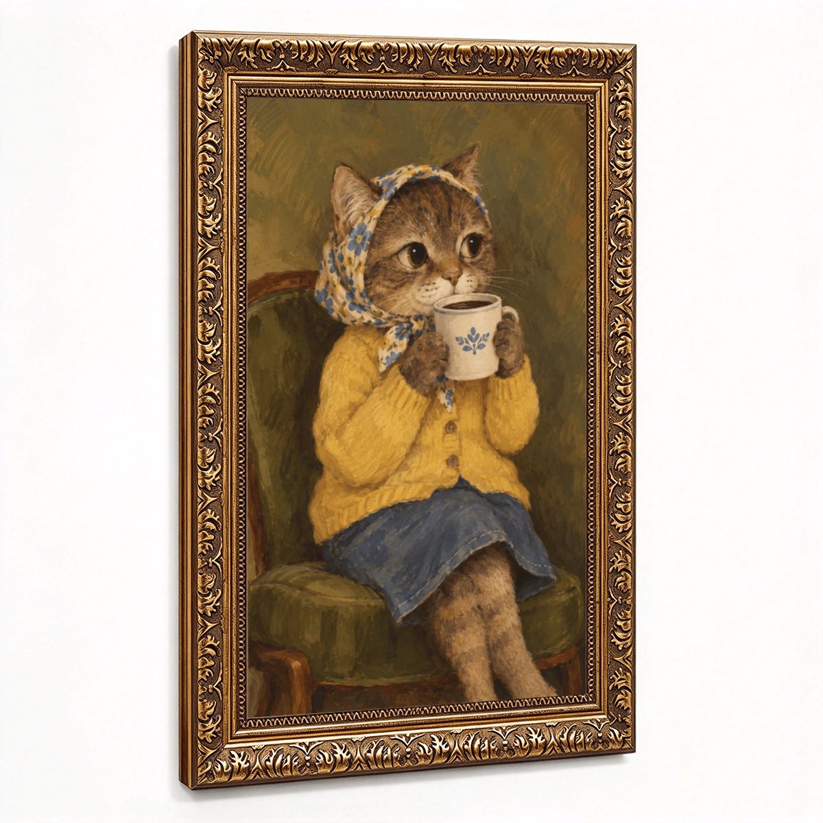 Babushka Cat Vintage Gold Frame Canvas, Sipping Coffee