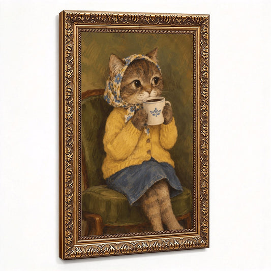 Babushka Cat Vintage Gold Frame Canvas, Sipping Coffee
