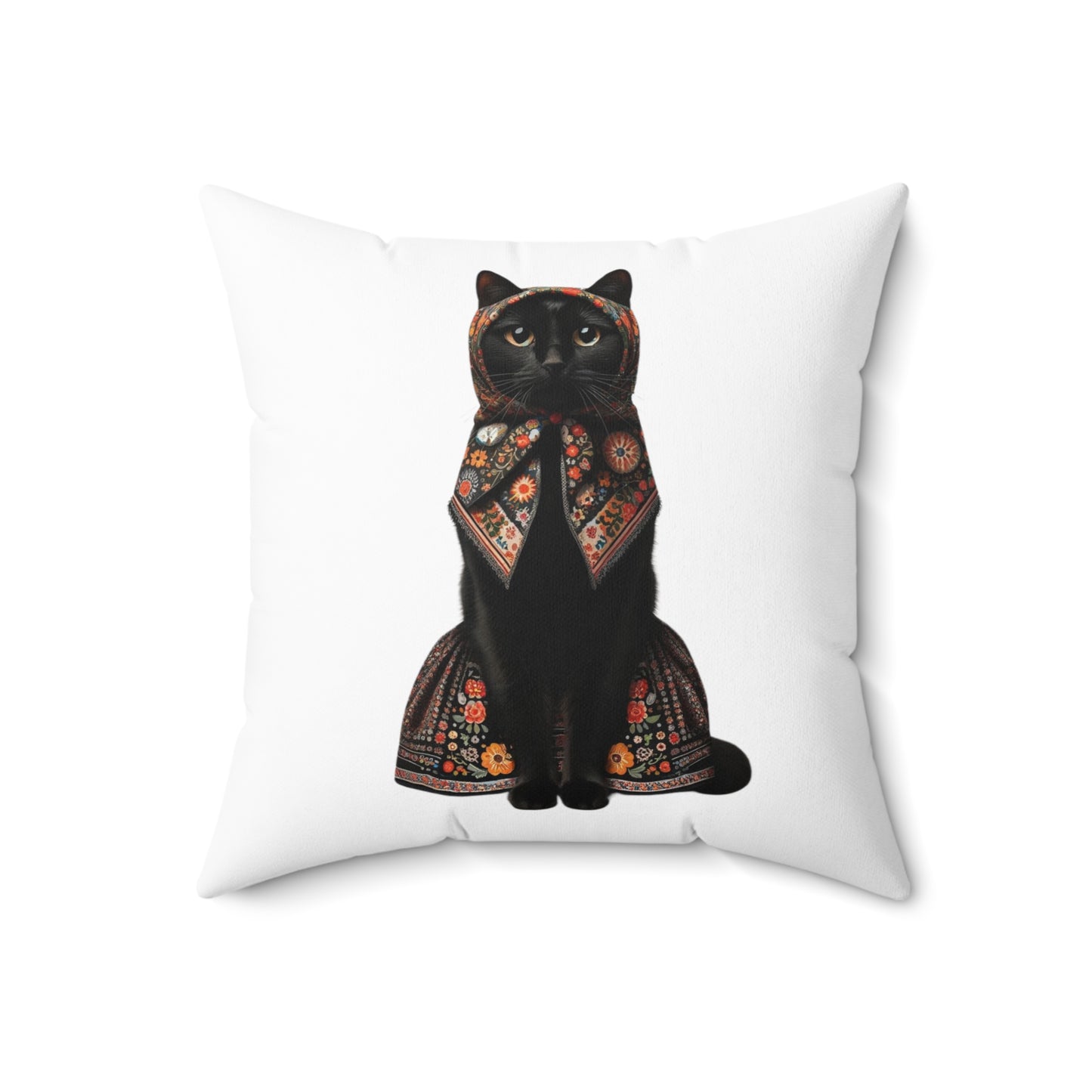 Babushka Cat, Black Cat, Spun Polyester Square Pillow