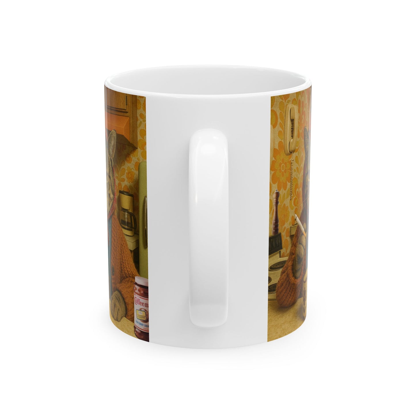 Babushka Cat Cig and Coffee Break, Cat Humor Ceramic Mug