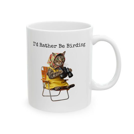 Babushka Cat Birdwatching Ceramic Mug – I'd Rather Be Birding Coffee Cup, Gift for Bird Lovers