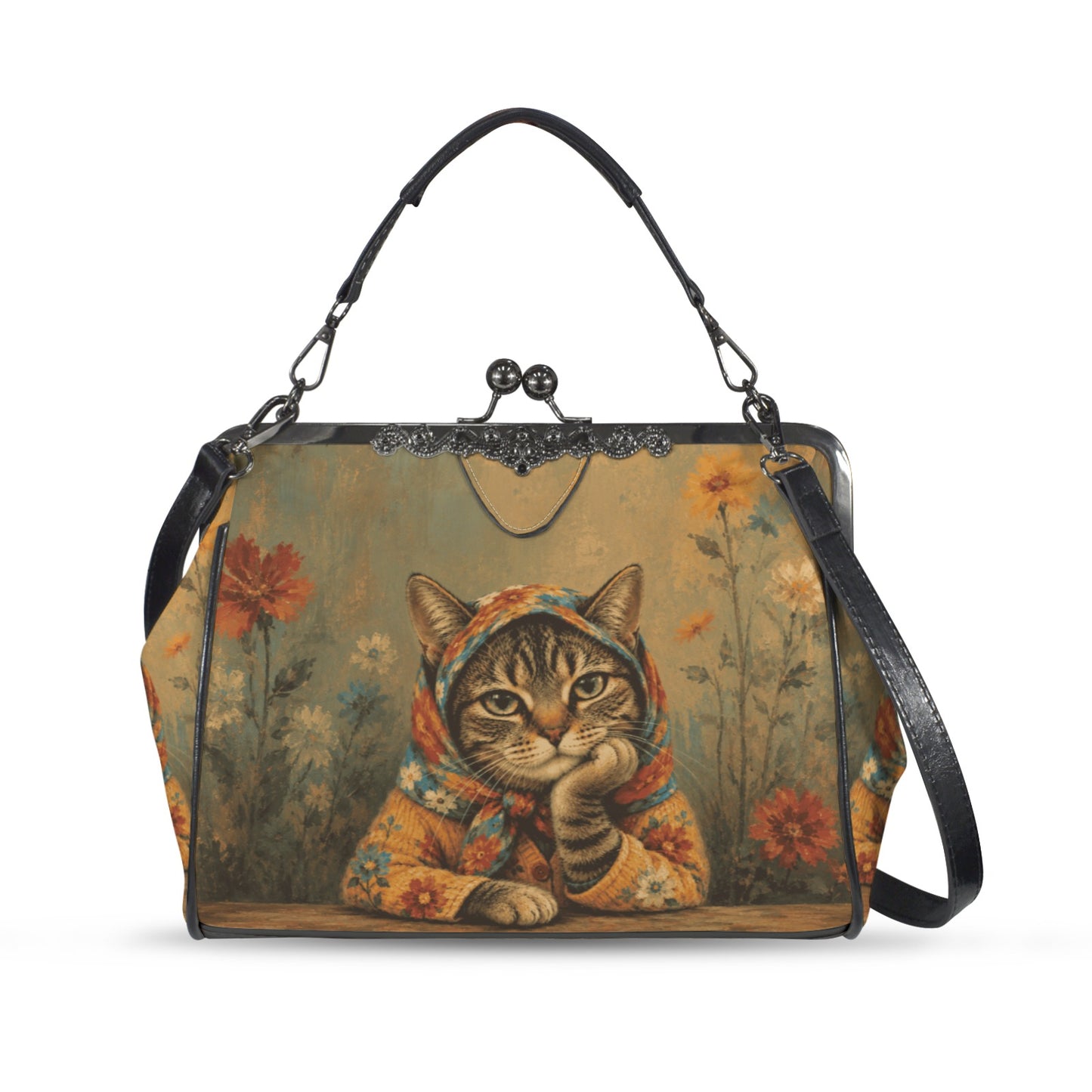 Babushka Cat Garden Solace Vintage Style Kisslock Purse