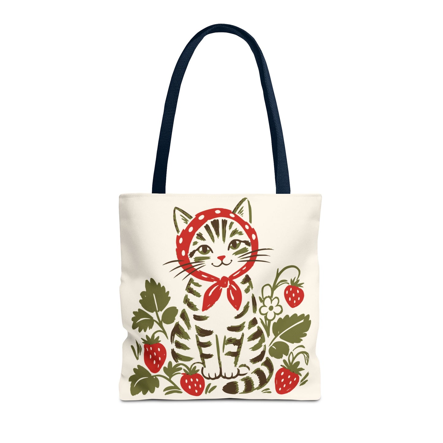 Babushka Cat Strawberry Patch Tabby Cat Tote Bag (AOP)