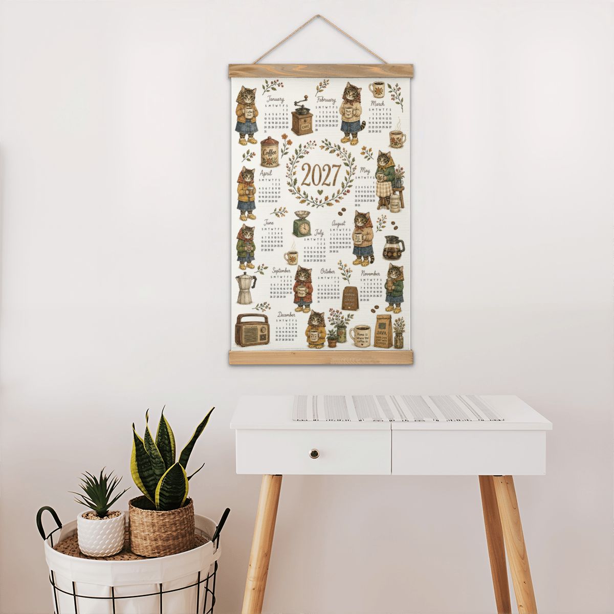Babushka Cat 2027 Calendar -Coffee Lover Coated Linen Canvas Wall Hanging