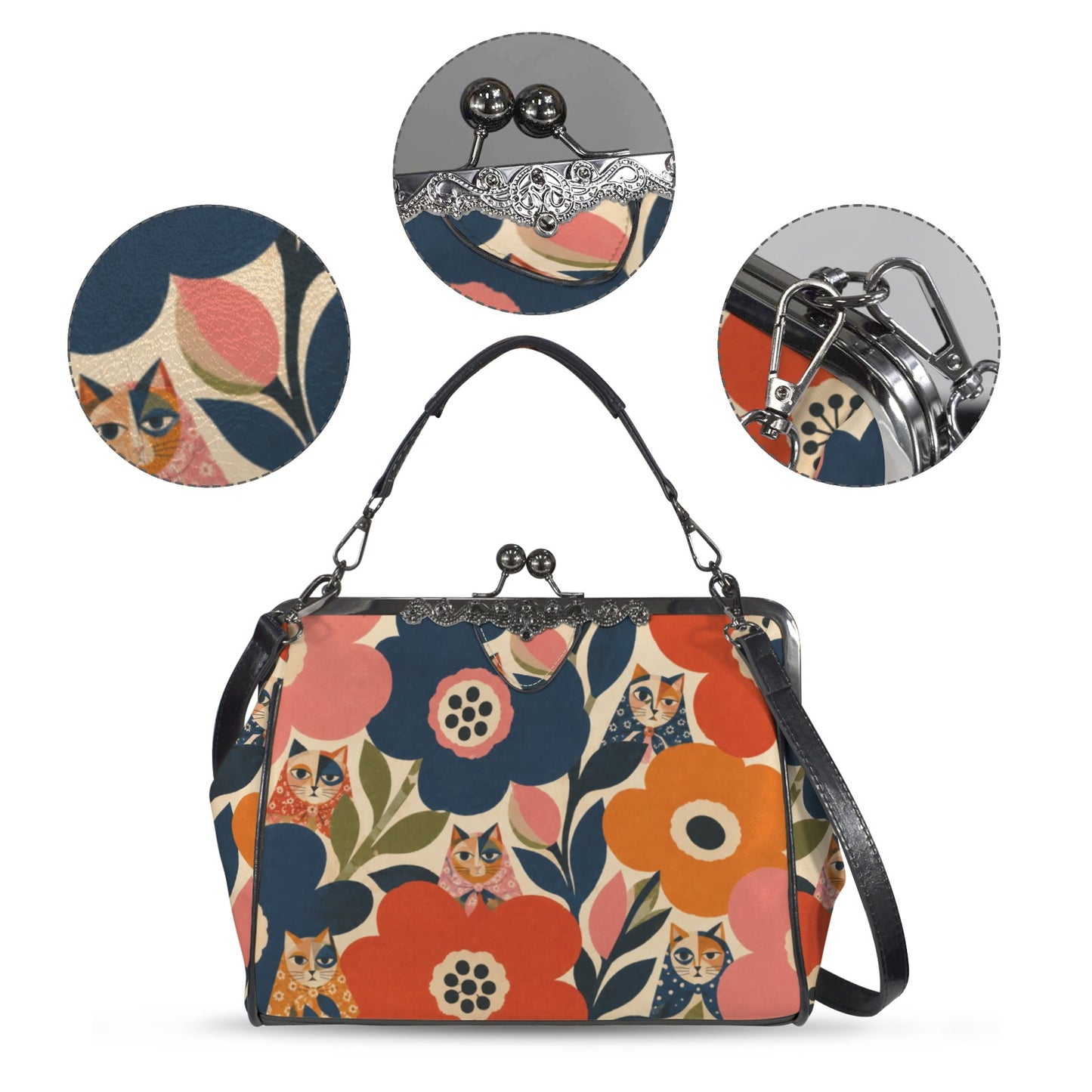 Babushka Cat Paper Cut Cats Vintage Kiss Lock Style Purse