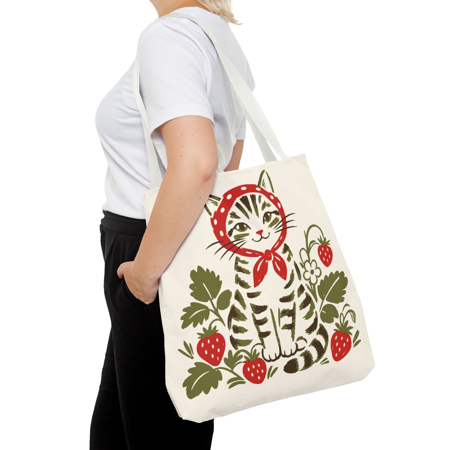 Babushka Cat Strawberry Patch Tabby Cat Tote Bag (AOP)